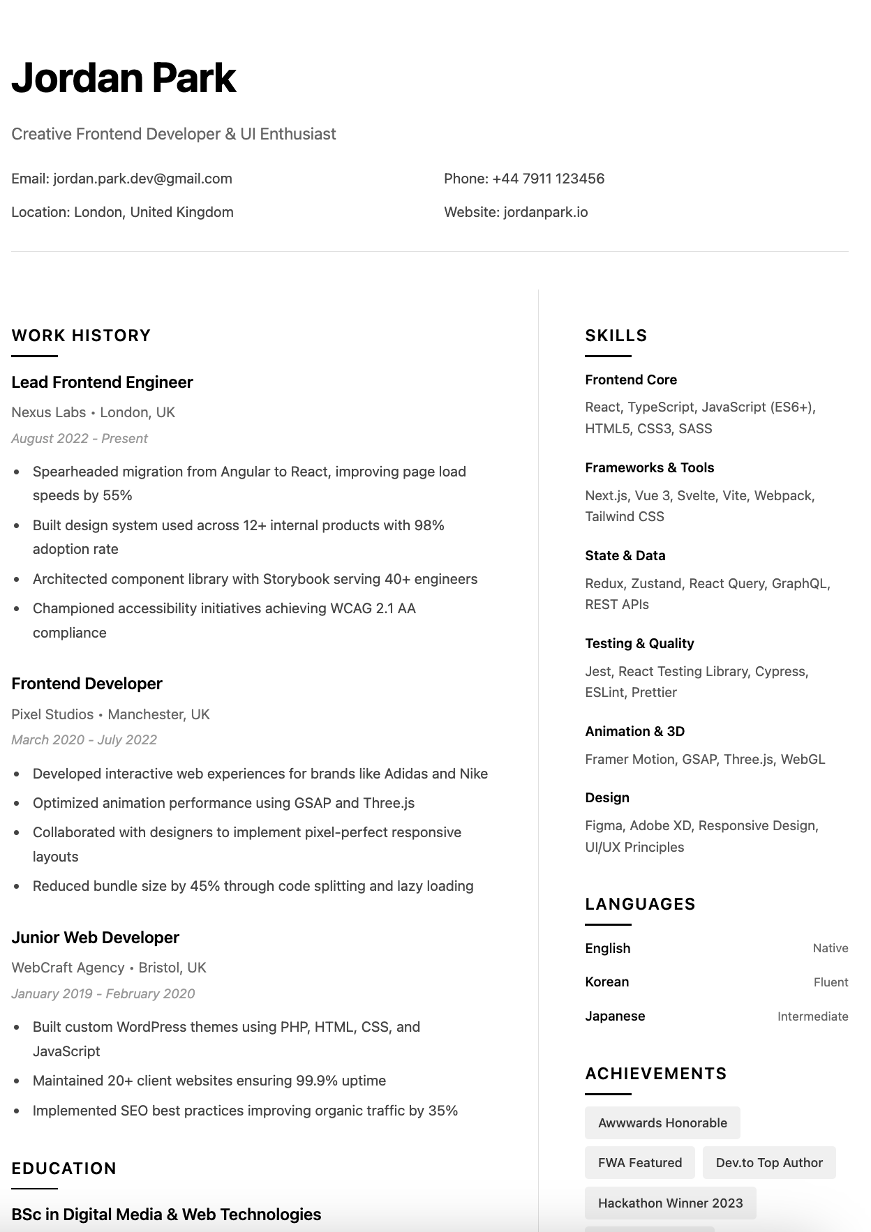 Frontend Developer Resume